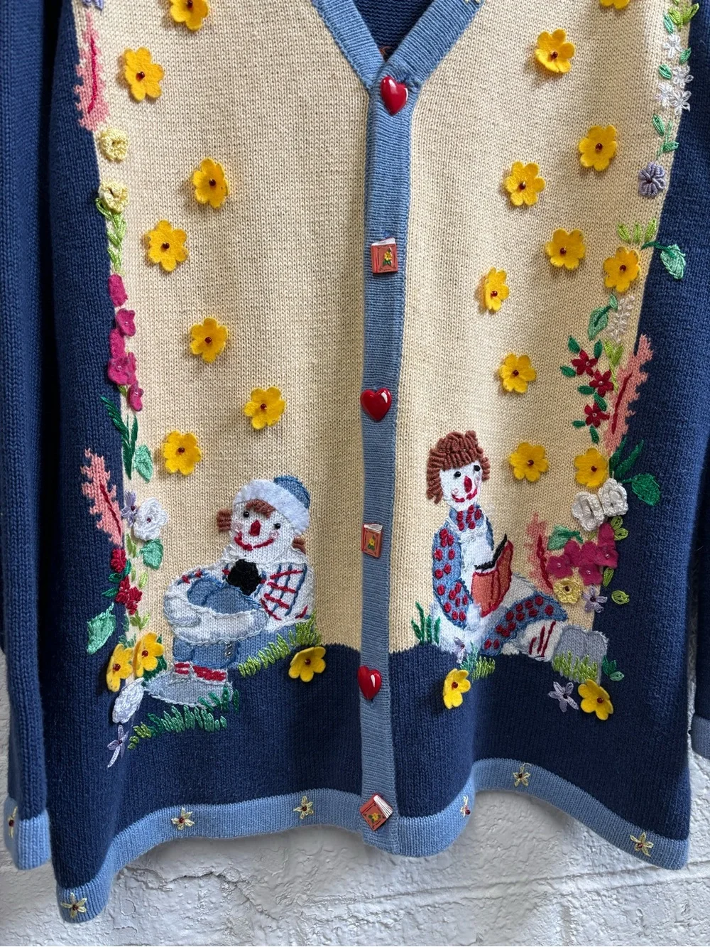Vintage Storybook Knits Raggedy Anne Reading Embroidered Floral Cardigan